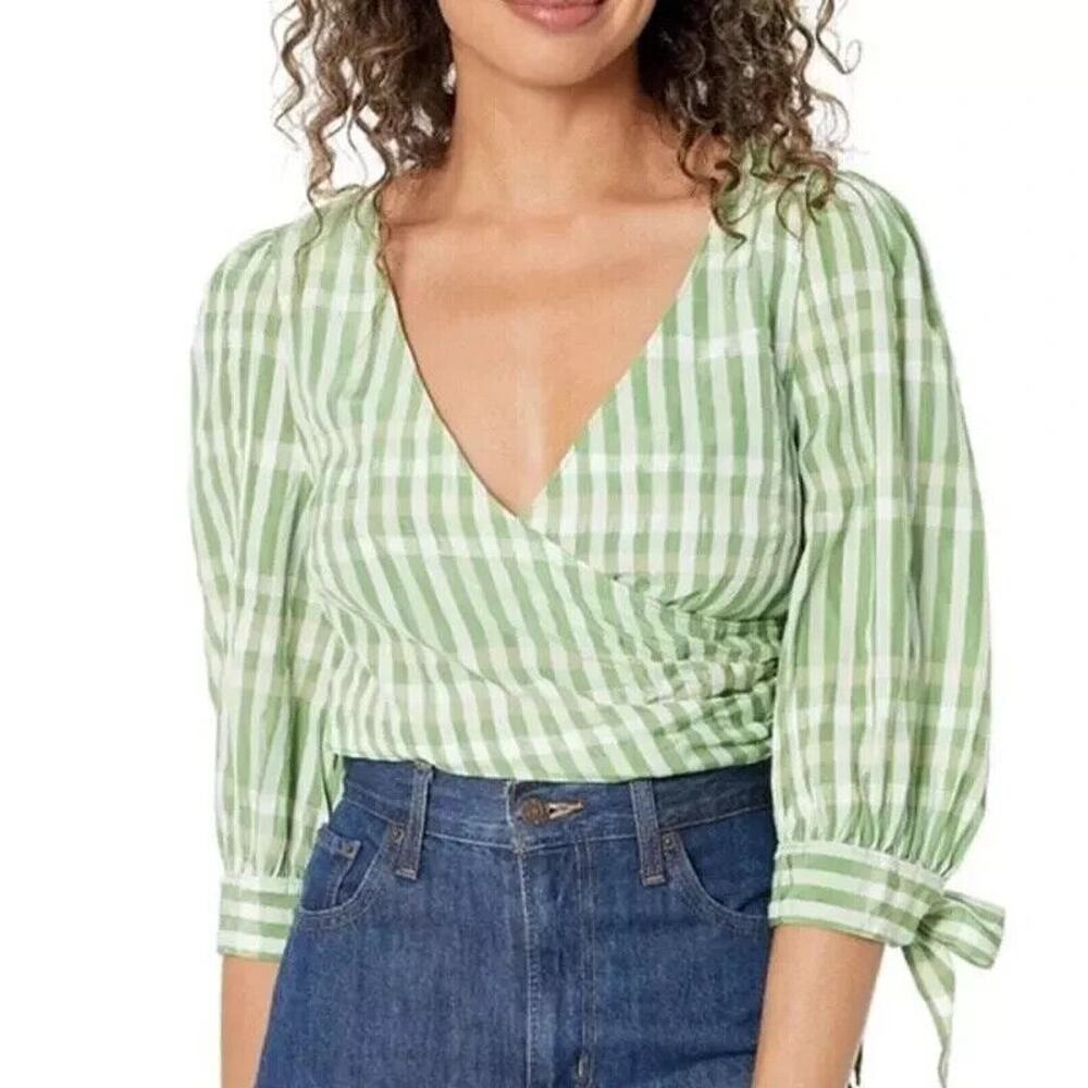 Cinq‎ a Sept Shirt Sz S Flora Green Gingham Check Crop V-Neck 3/4 Sleeve Blouse